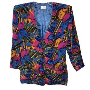 Vintage EVA Blue Pink Orange Tropical Lightweight Blazer Jacket Women Medium Y2K